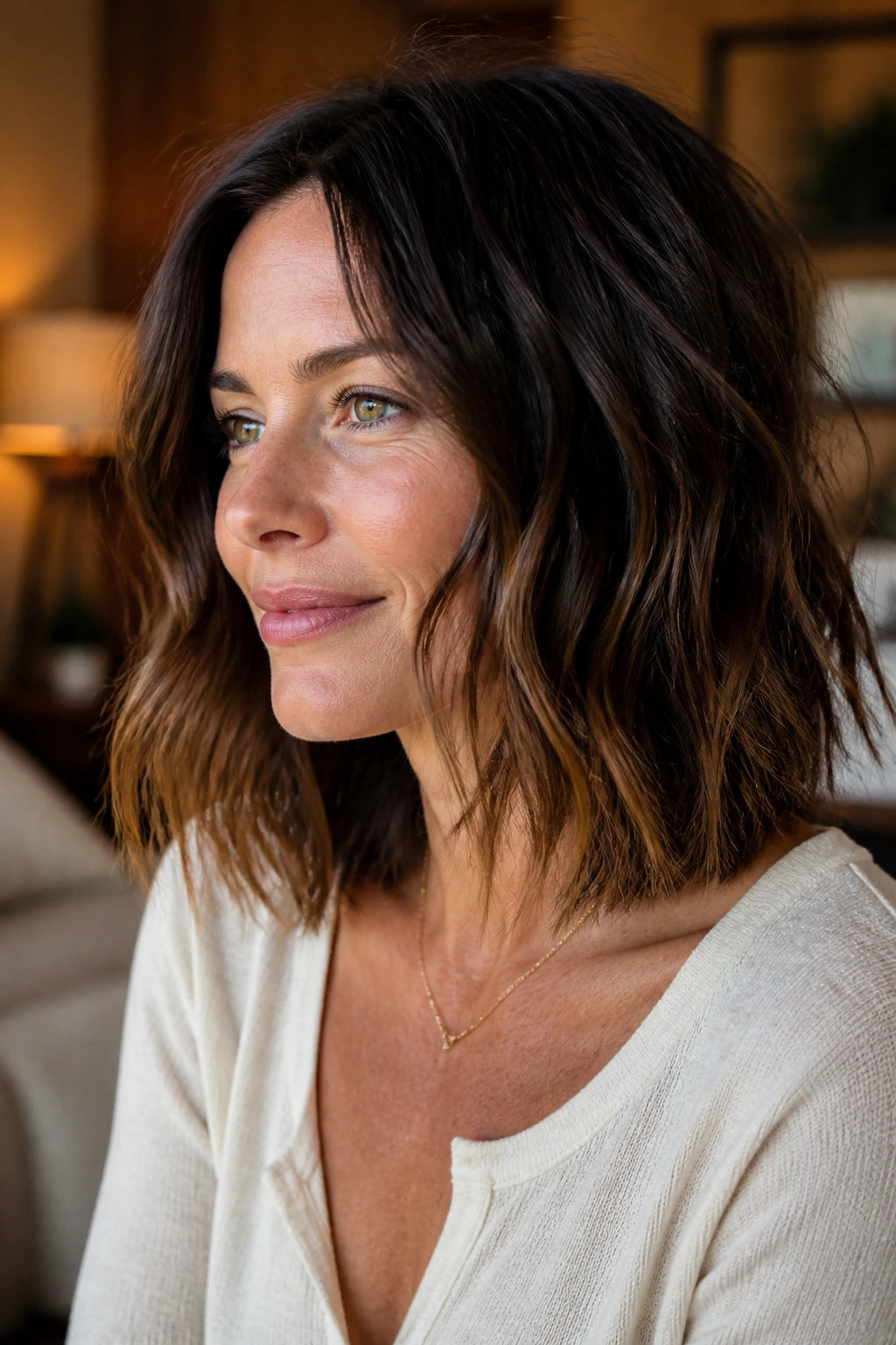 Close-up of a real woman with razor-cut textured lob in a cozy living room