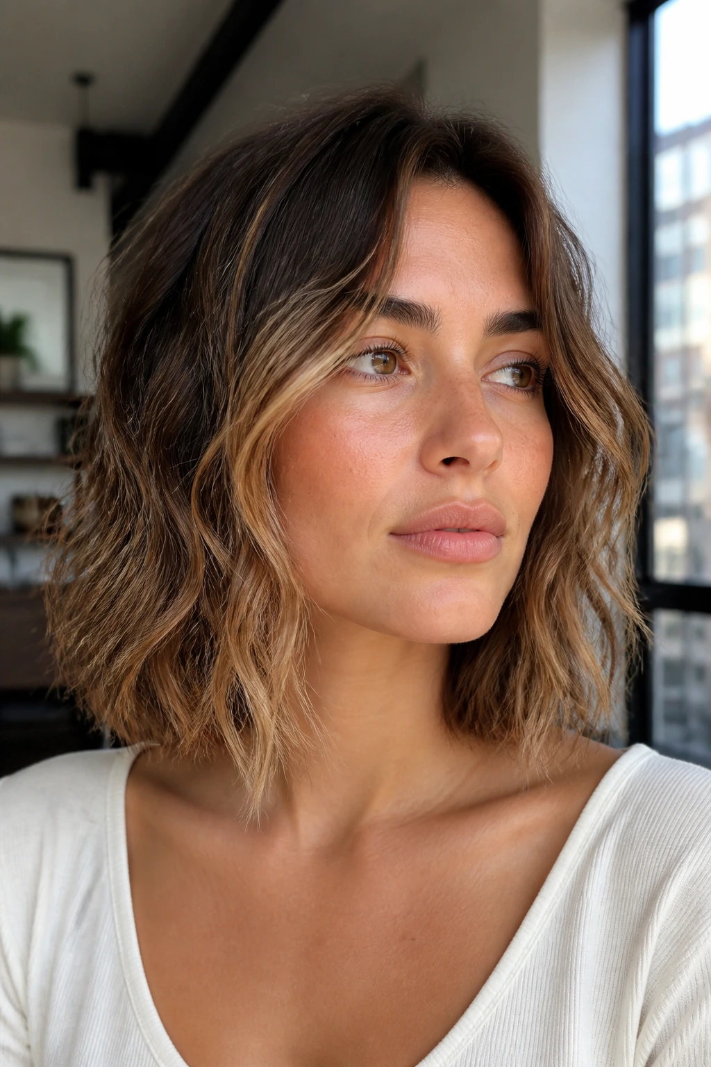 Close-up portrait of a real woman with razor-cut wave lob
