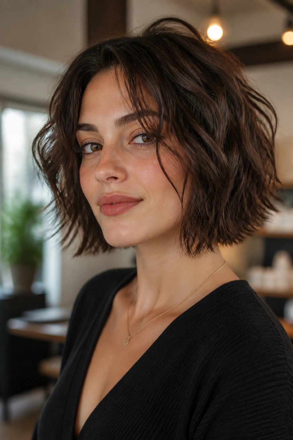 Real woman with a razor-cut wavy bob in stylish indoor setting