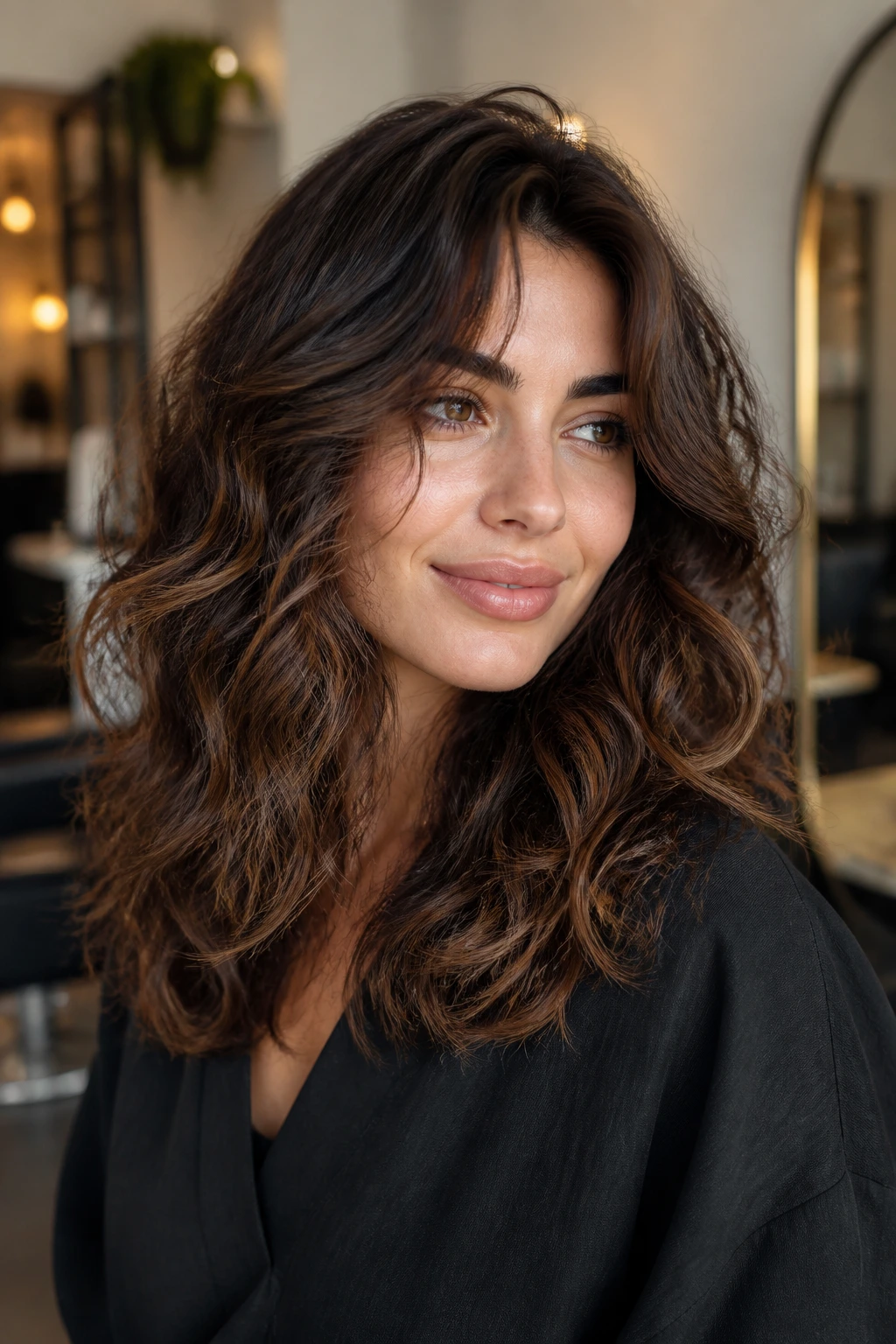 Portrait of a woman with wavy thick hair showing feathered razor-cut ends