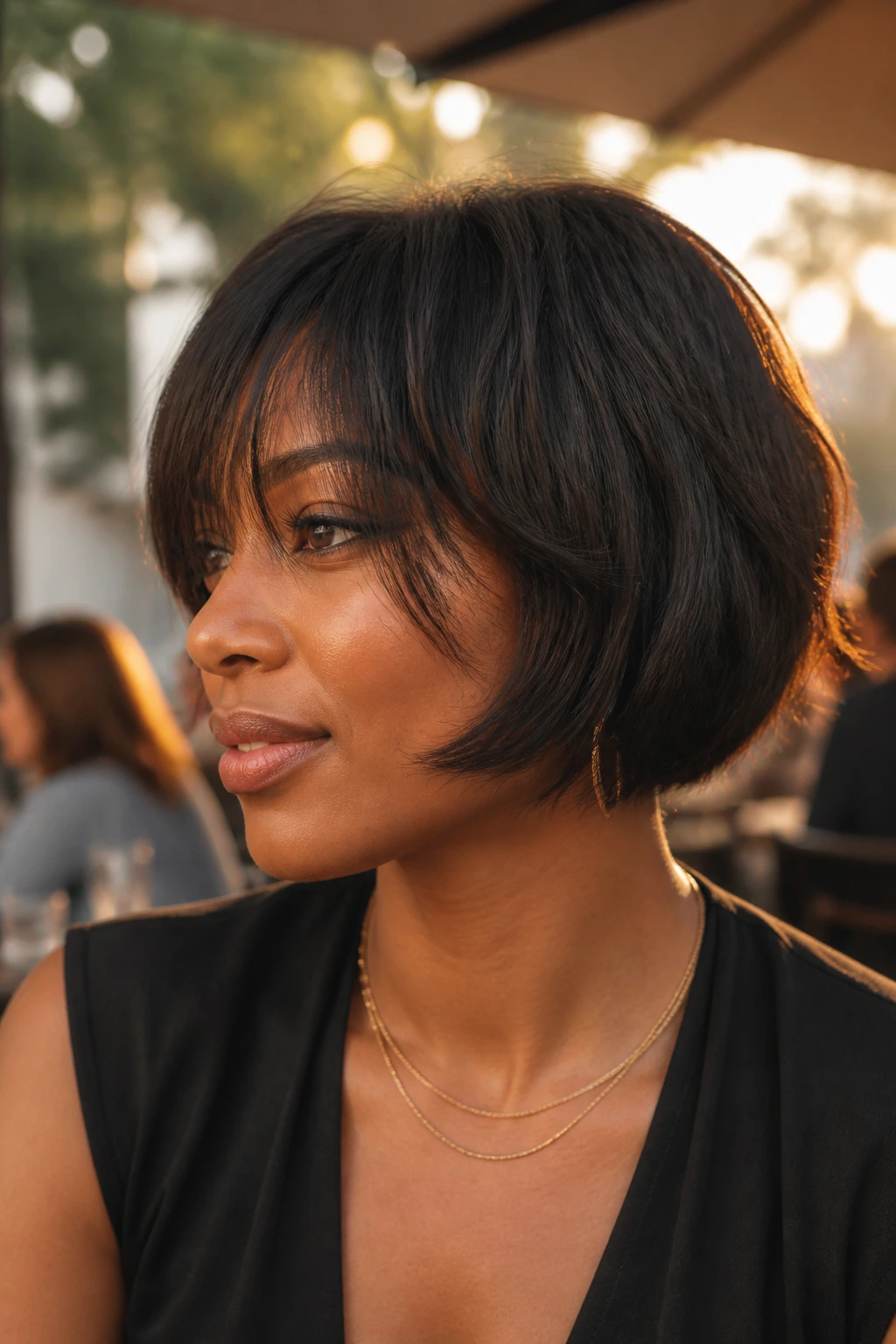 Close-up of a real woman with a razor-cut bob and wispy layers.