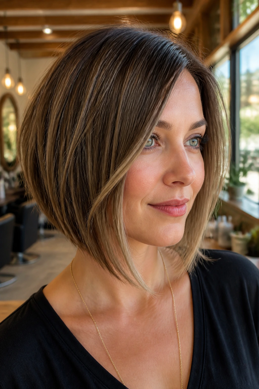 Close-up portrait of a real woman with razor-edged A-line bob showing movement in a sunlit salon
