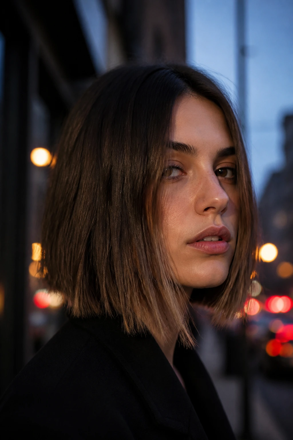 Close-up portrait of a real woman with a razor-edge lob and broken tips.
