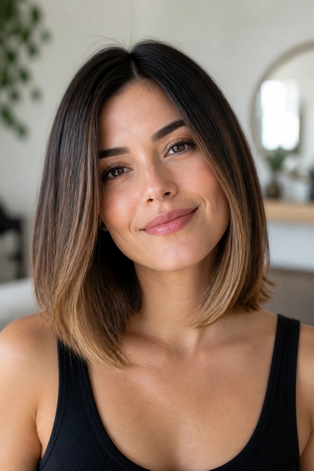 Close-up of a real woman with a razor-edge lob and inward-bent ends.