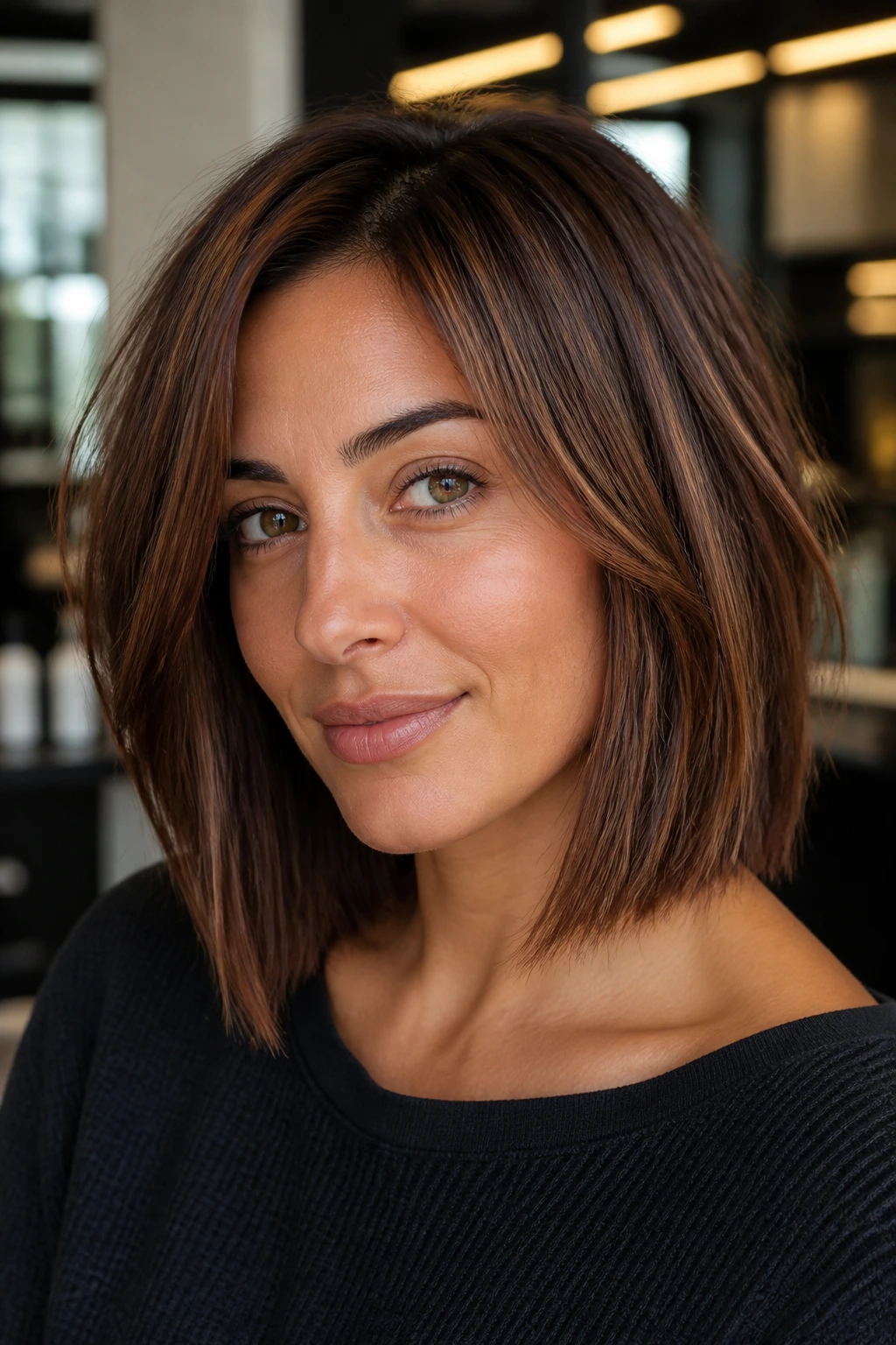 Close-up of a real woman with razor-edged lob and chestnut dimension on olive skin