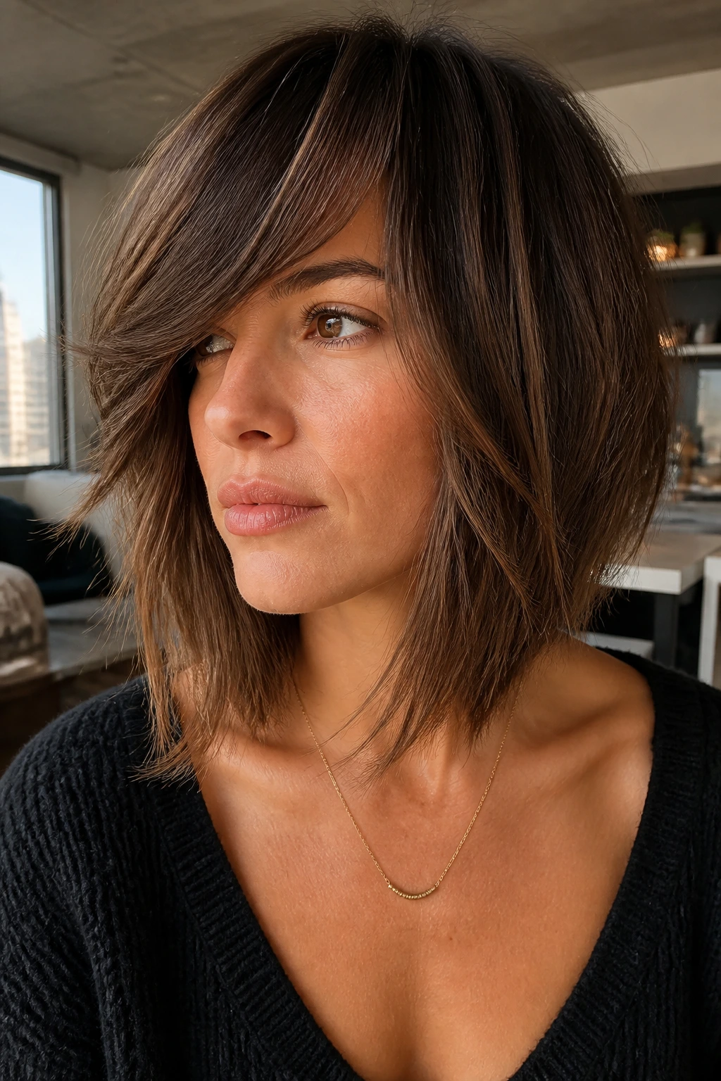 Close-up portrait of a real woman with razor-edged long bob and swooping fringe