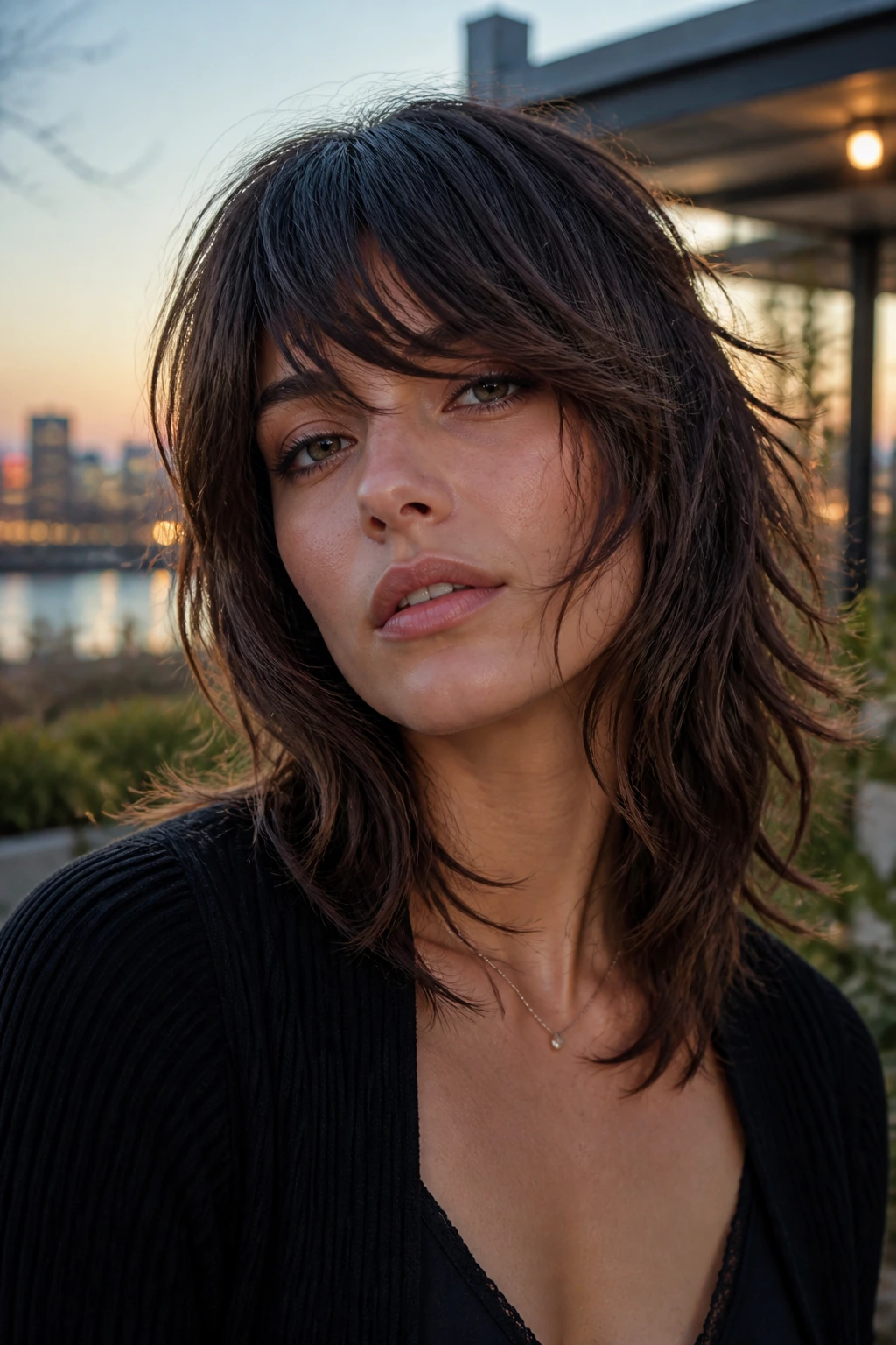 Real woman with razor-ended side-bang shag, textured ends.