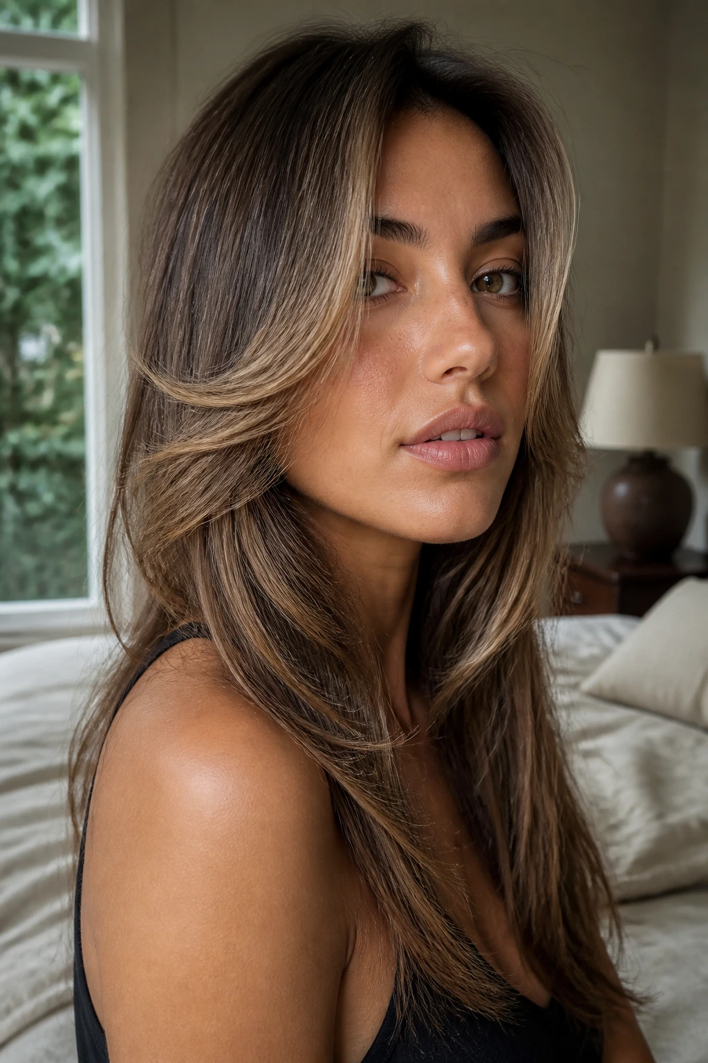 Close-up of real woman with razor-feathered cheekbone layers.