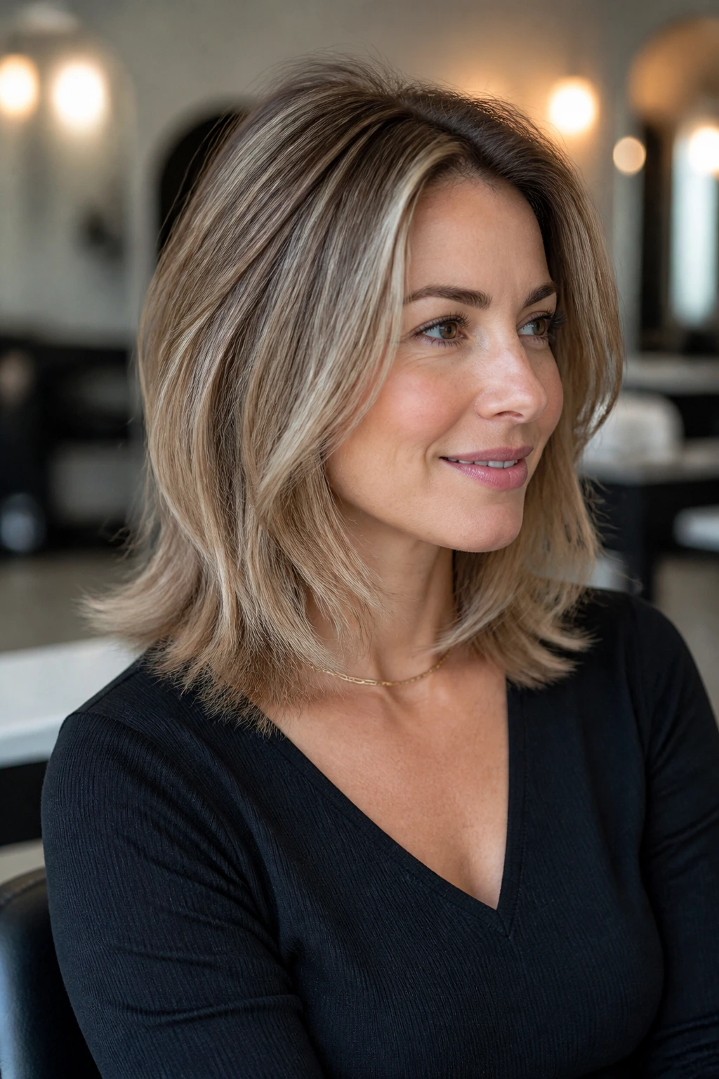 Close-up portrait of a real woman with razor-feathered lob and soft tips in a bright salon