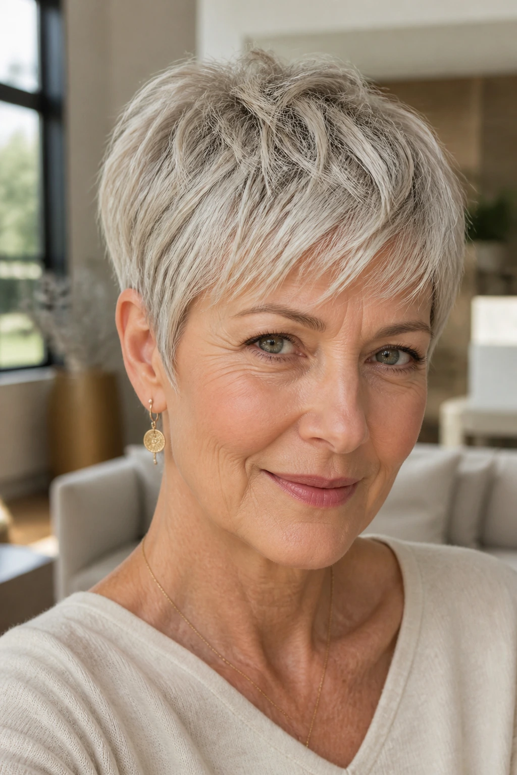 Close-up of a real woman with razor-feathered pixie and airy ends in a bright room