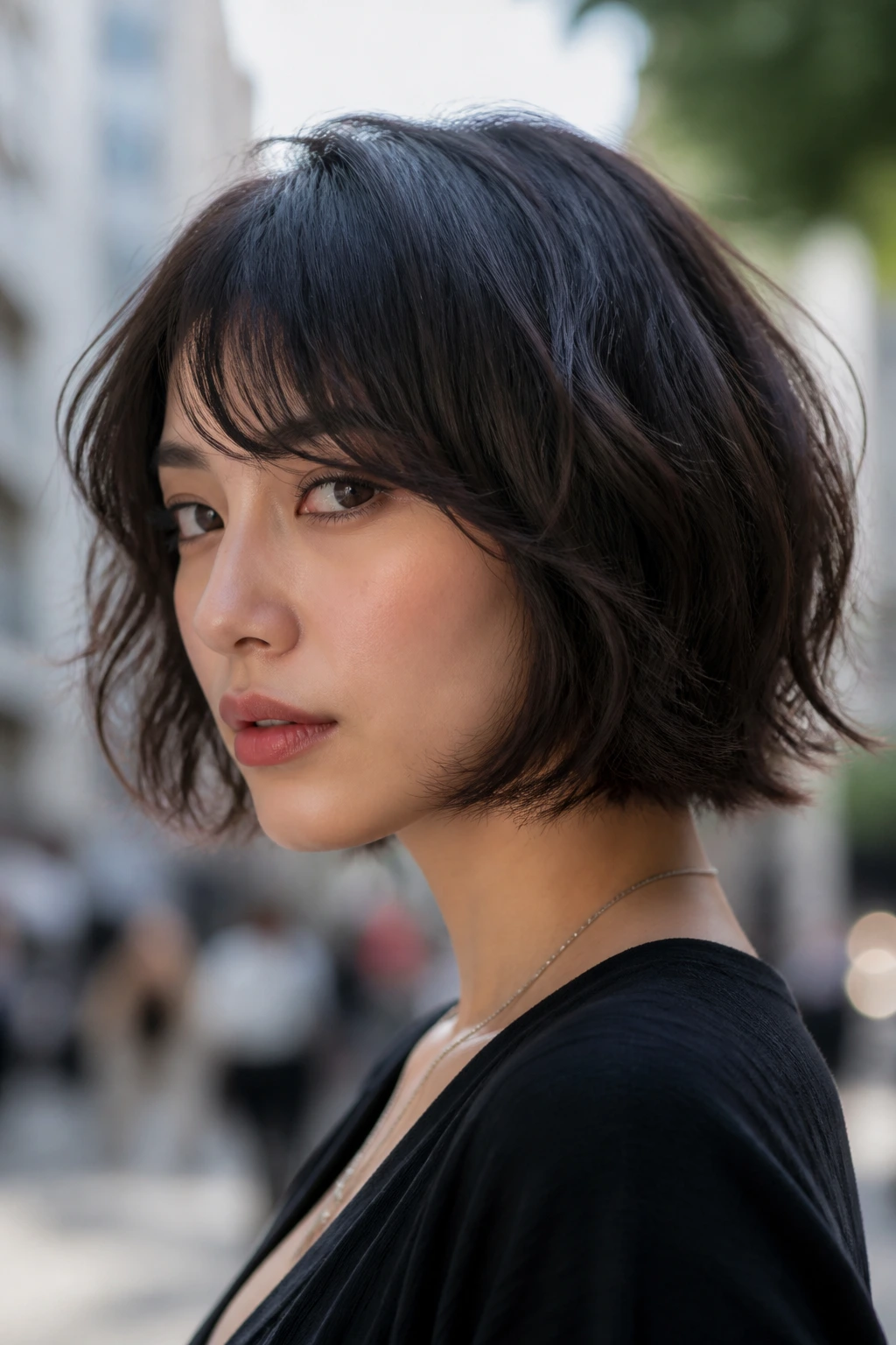 Real woman with razor-feathered wave bob and airy ends.
