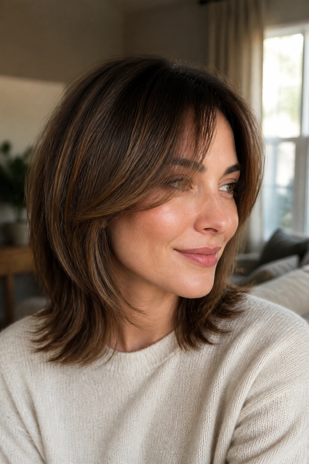 Portrait of a woman with razor-framed face layers