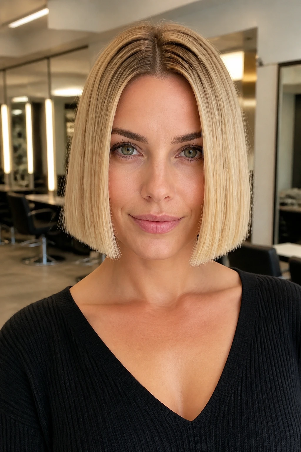 Portrait of a real woman with a razor-free blunt bob