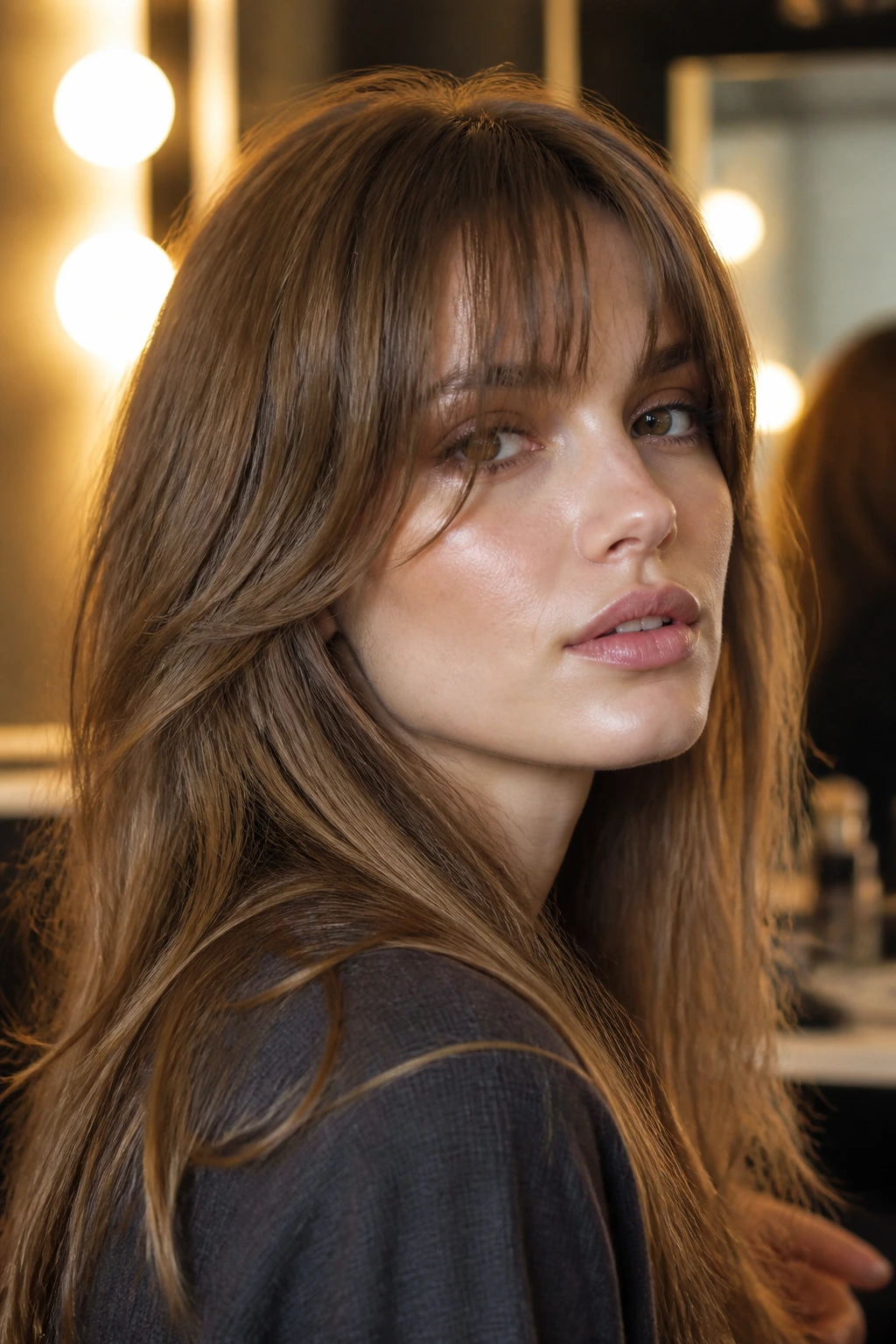 Close-up portrait of a real woman with razor-soft fringe and bendy ends under soft backstage lighting
