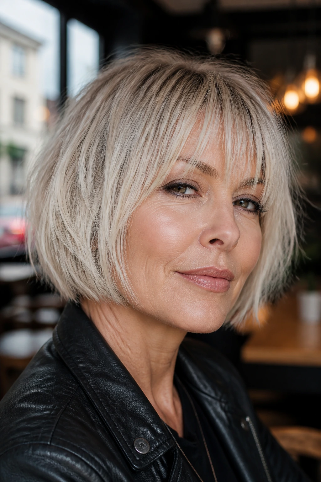 Close-up portrait of a real woman with a razor fringe bob and airy fringe around the eyes