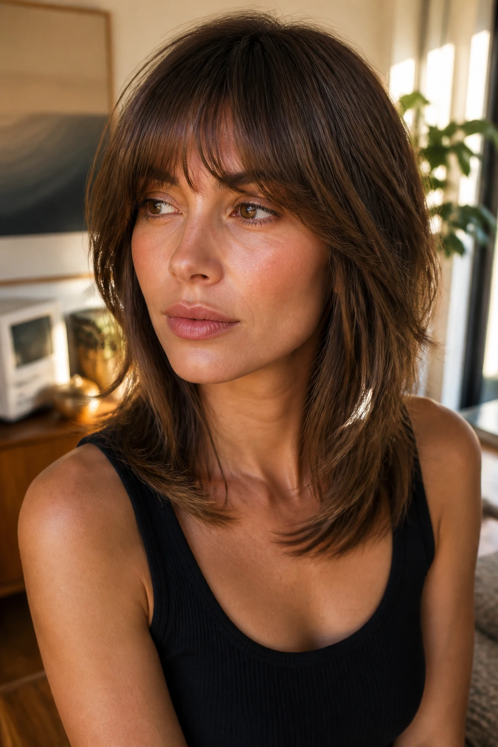 Close-up of a real person with brow-skimming razor fringe and collarbone sweep.