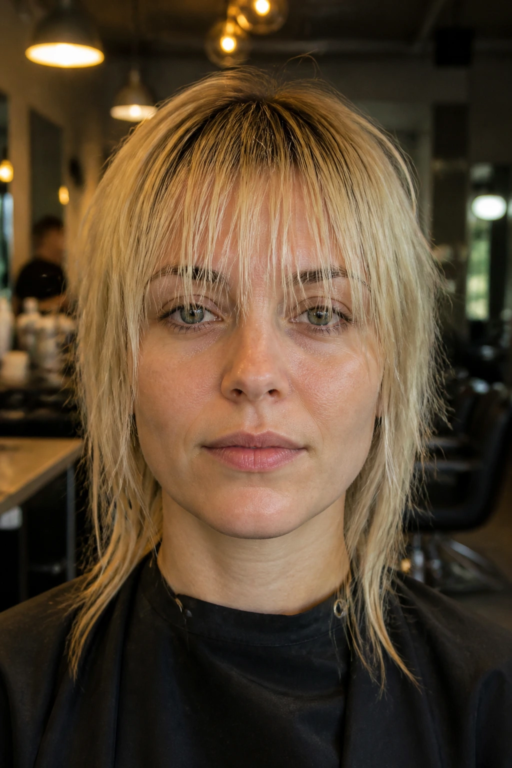 Real woman with scraggly, razor-cut fringe.