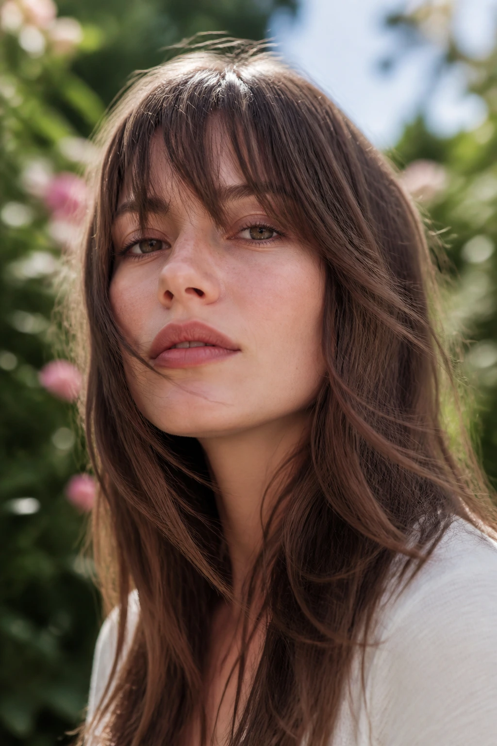 Portrait of a person with wispy razor fringe in a sunlit outdoor setting.