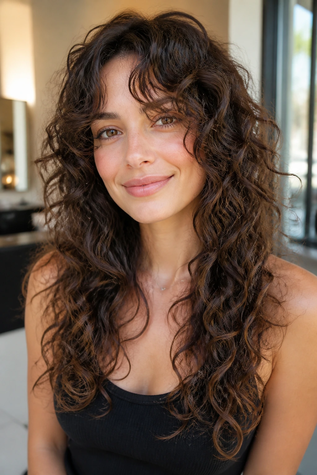 Close-up portrait of a real woman with Razor-Layer Ringlet Shag showing airy curls and layered ends