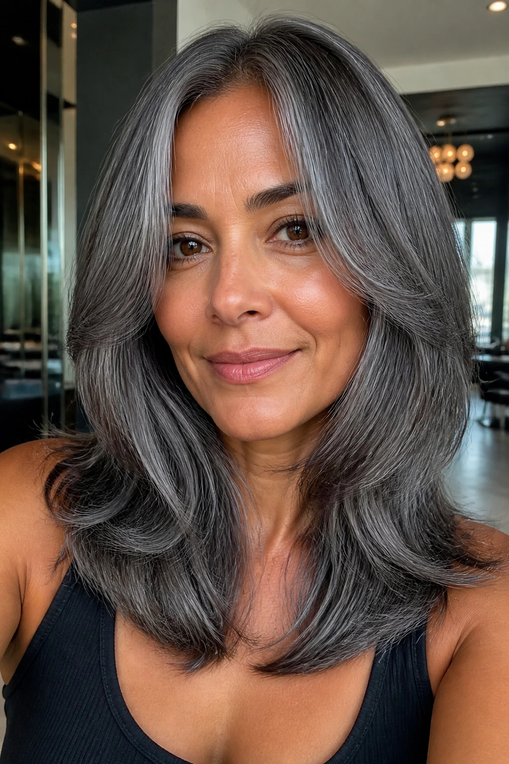 Close up of real woman with razor layer cut and storm grey mid-lengths on tan skin