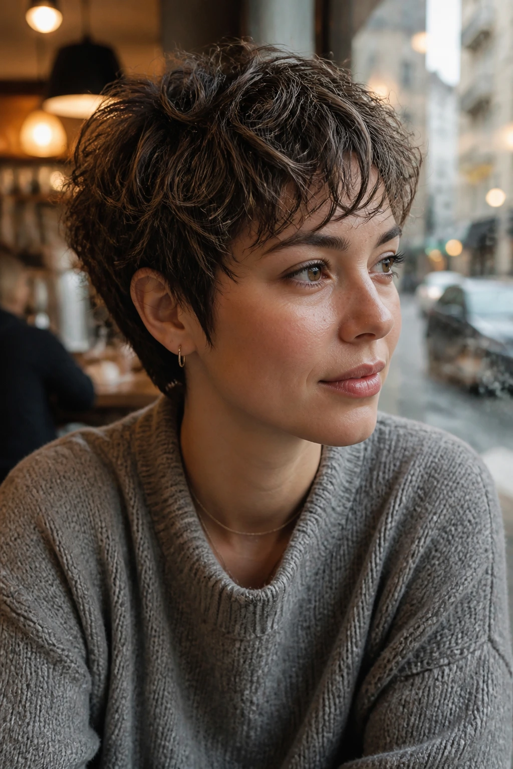 Close-up portrait of a real person with razor-layered crop on wavy hair
