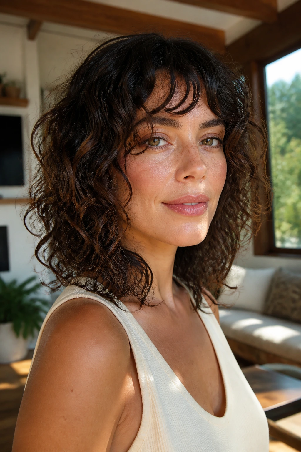Close-up of a real woman's razor-layered ends on shoulder-length curls