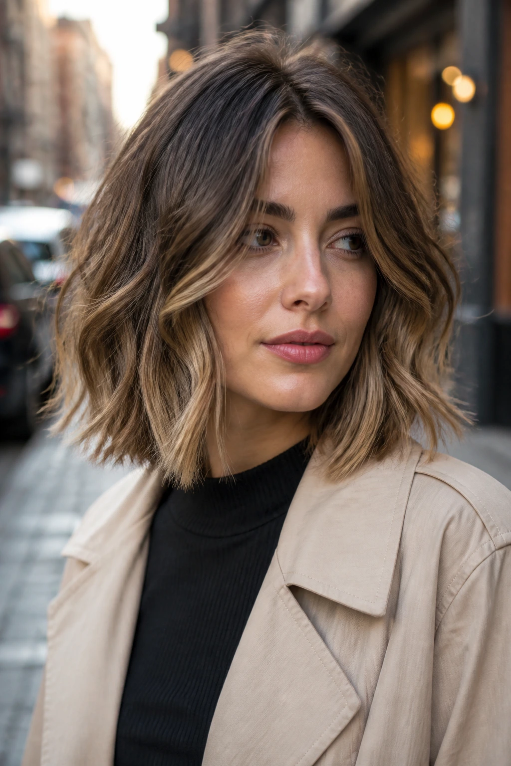 Real woman with razor-layered lob in urban daylight
