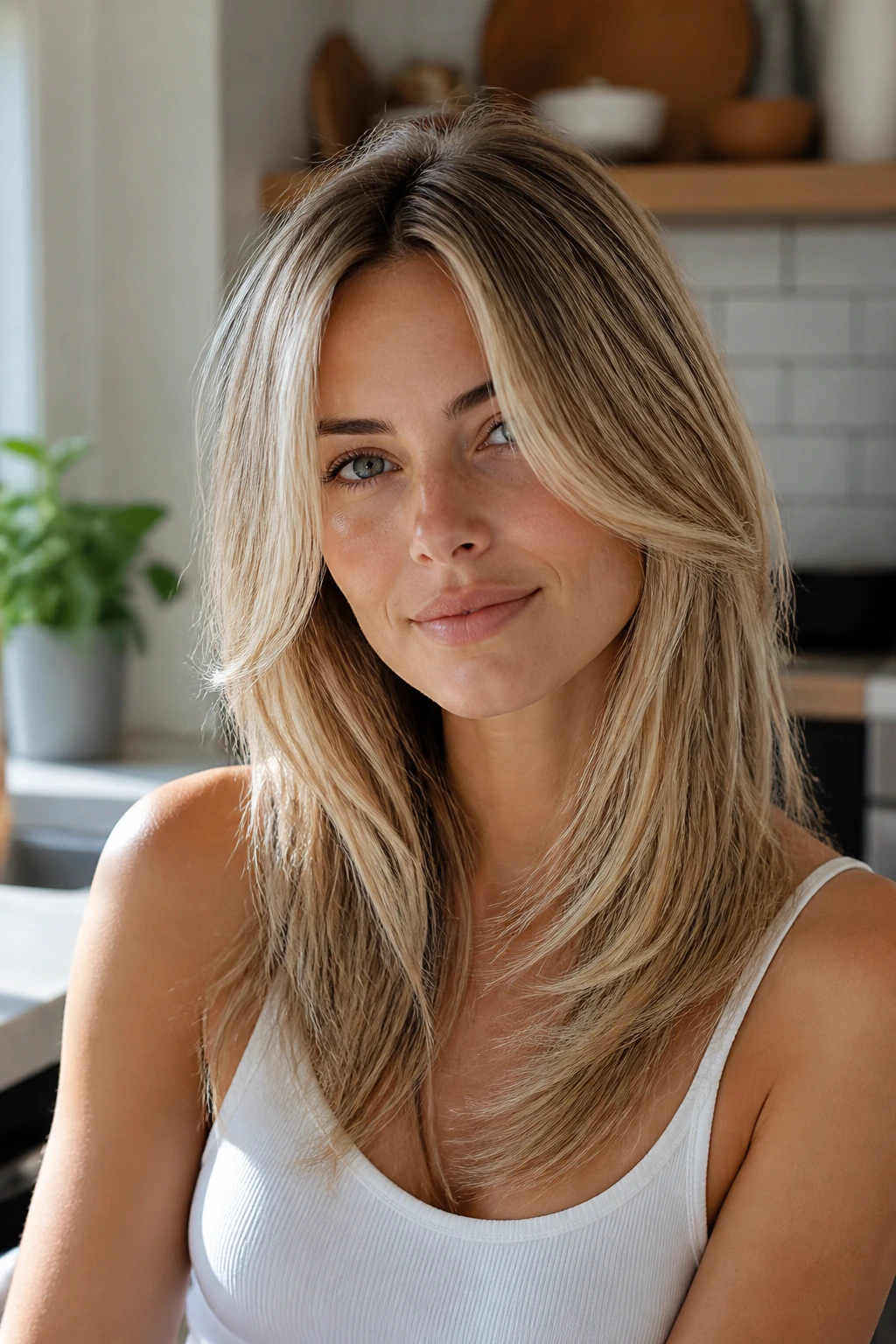 Close-up of a real person with fine hair showing razor layers for lift