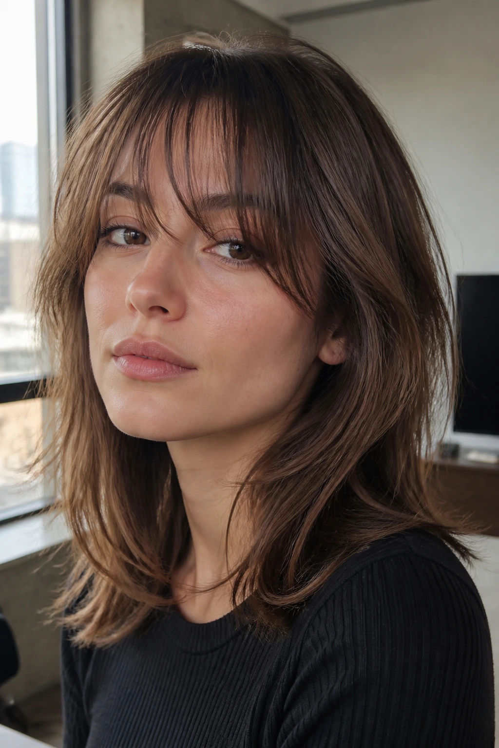 Portrait of a real person with razor layers and see-through fringe in a bright apartment
