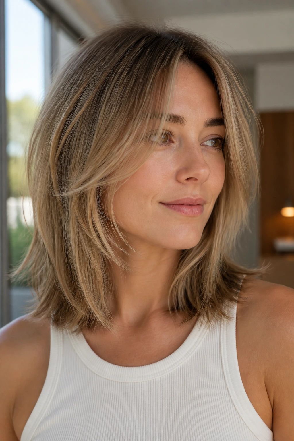 Close-up of a real woman with light razor layers on healthy ends in a bright home