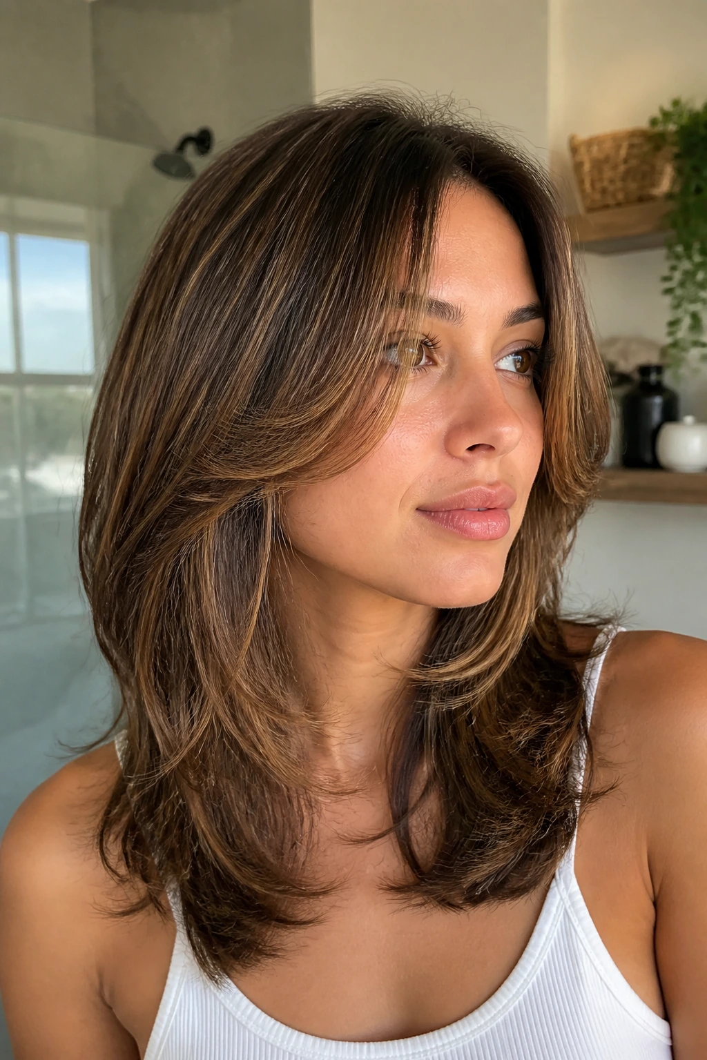 Close-up portrait of a real woman with razor-light butterfly hairstyle for fine hair.