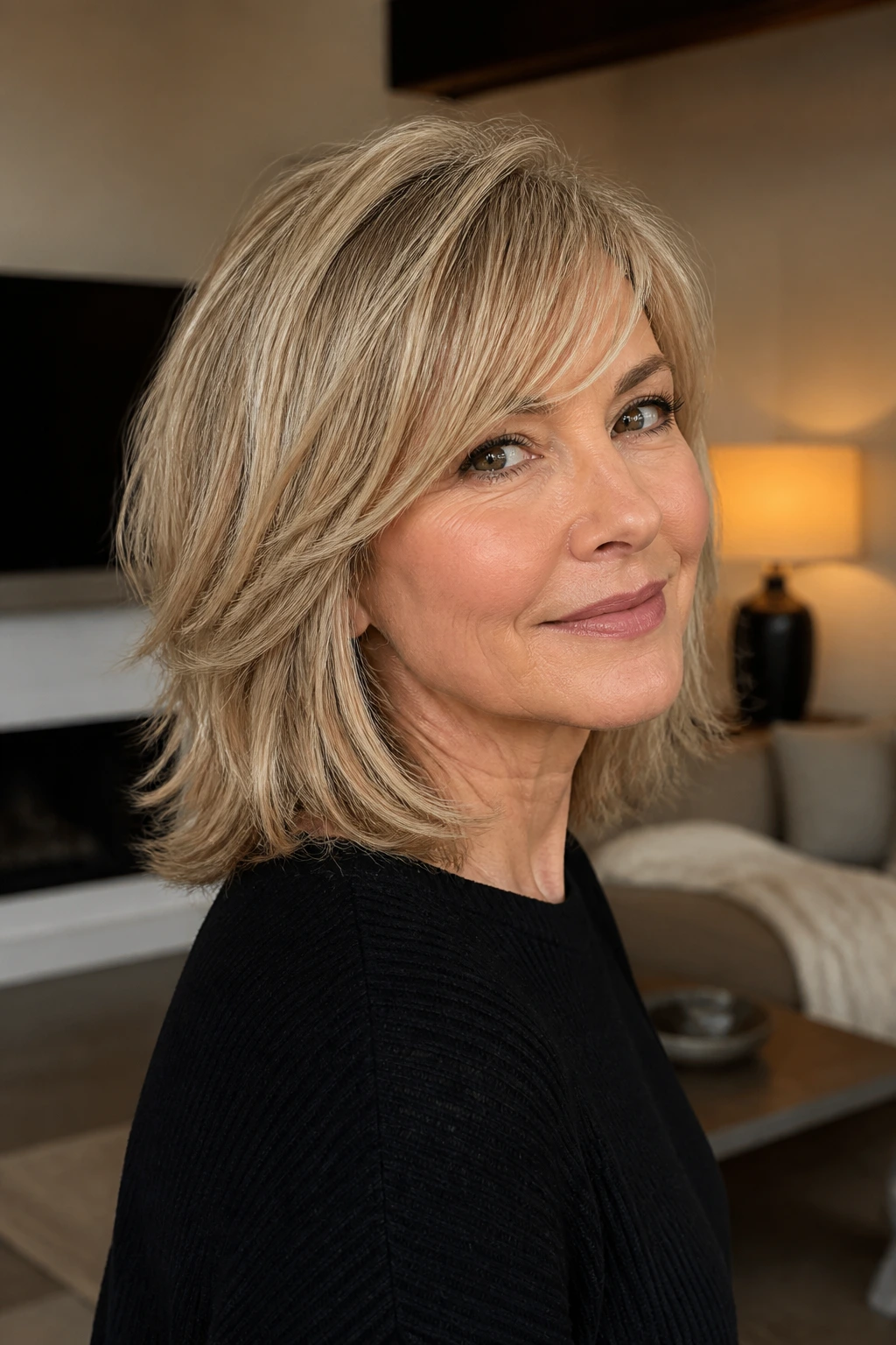 Close-up portrait of a real woman with a razor-lite midi hairstyle