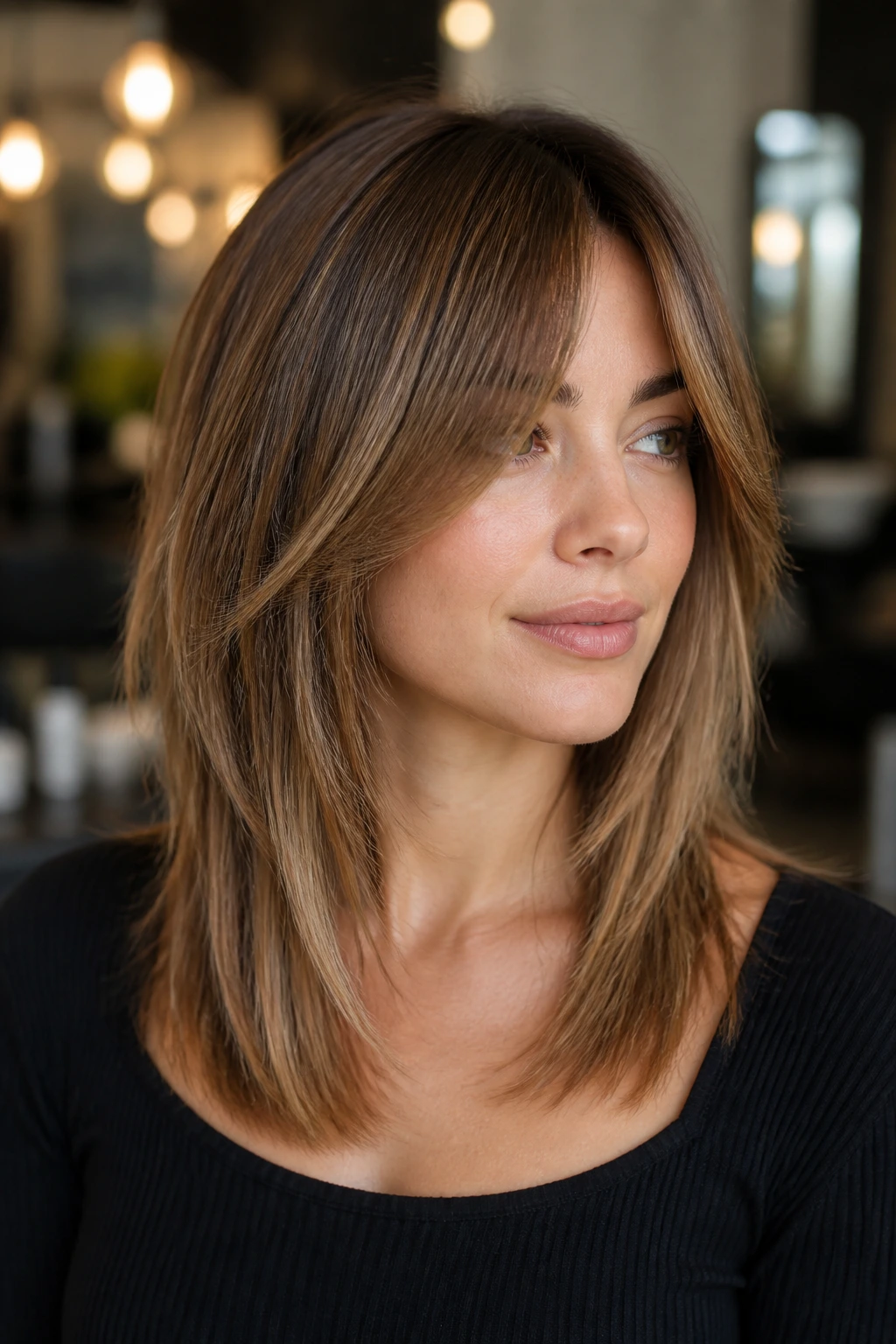 Close-up of a real woman with razor-lite shag and soft ends, curtain bangs anchoring the look.
