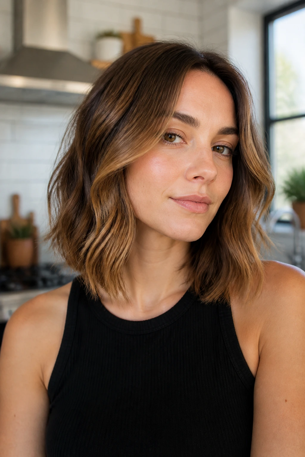 Close-up of a real woman with a razor cut lob and tapered ends.