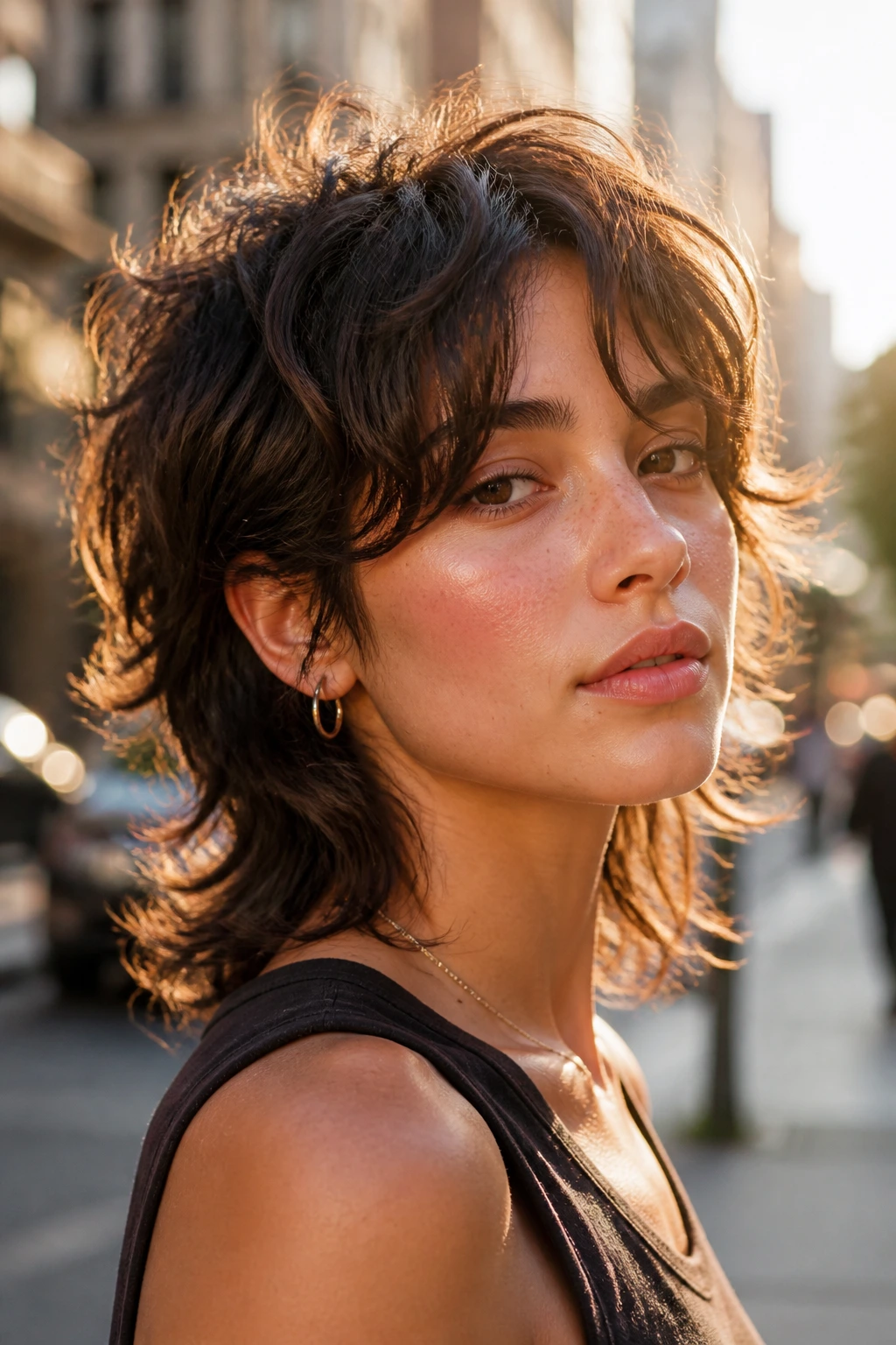 Close-up portrait of a real person with tousled razor mullet and curtain bangs