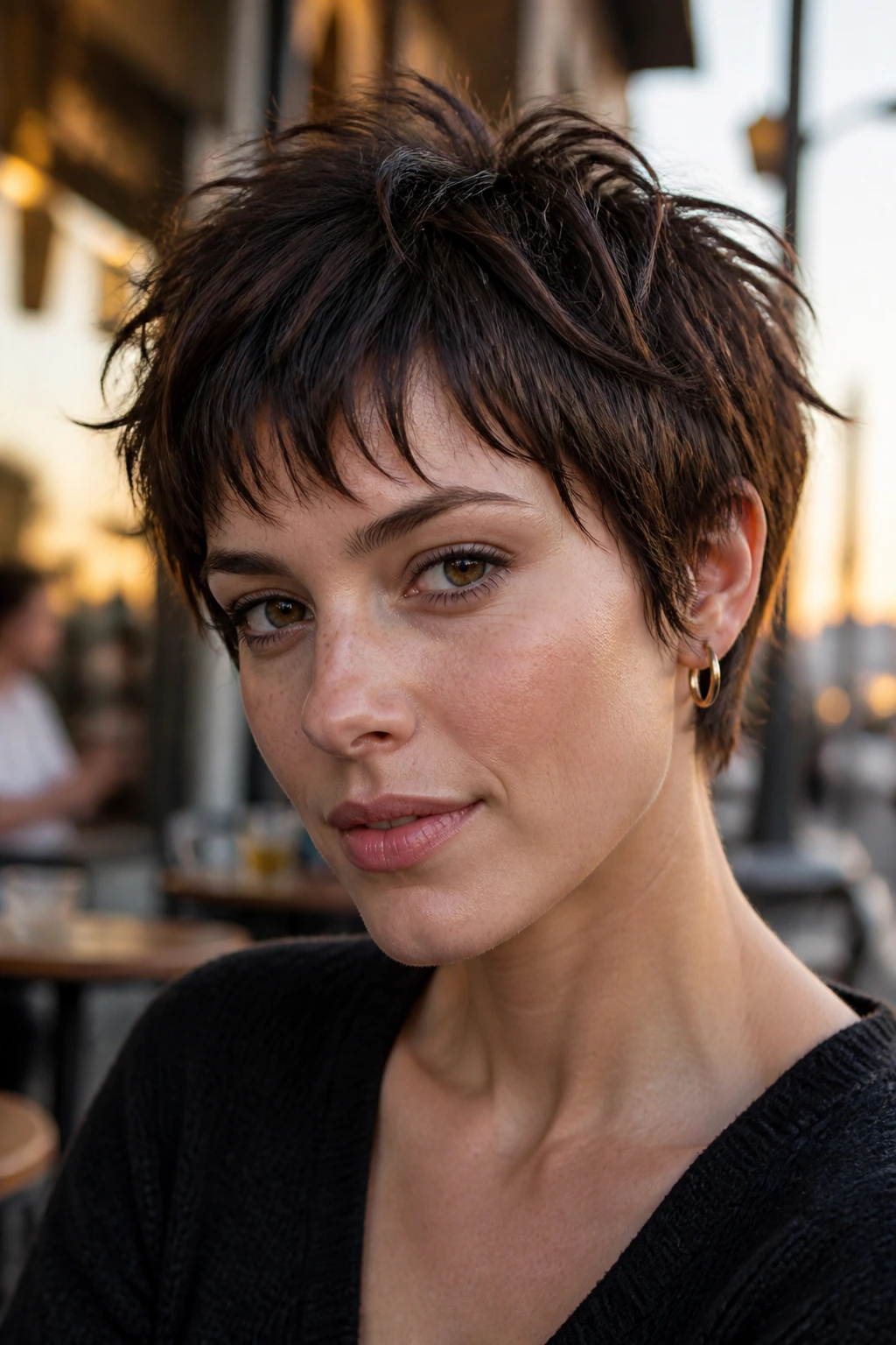 Close-up of a real woman with piecey razor pixie and separated ends in urban sunset light.