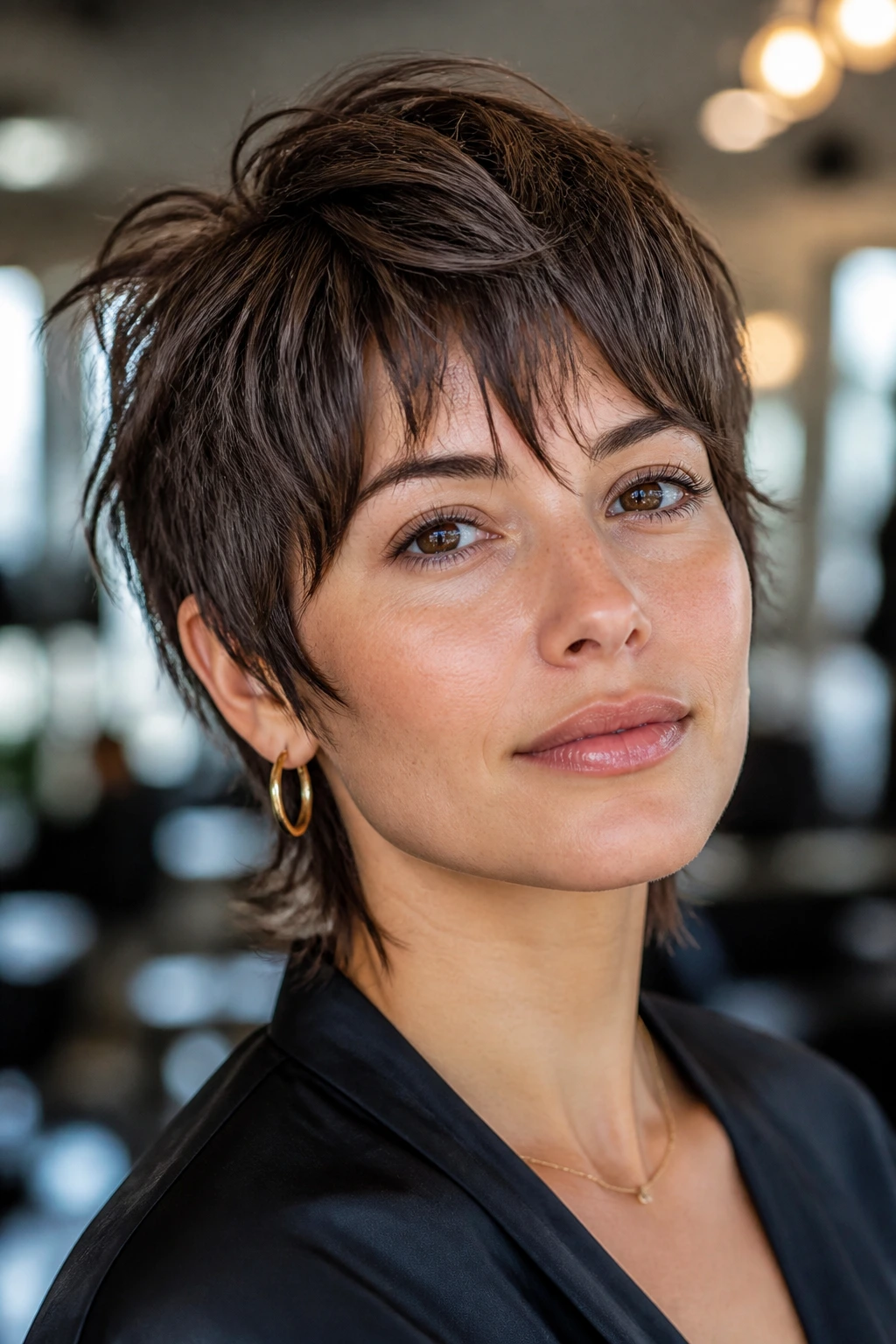 Close-up portrait of a real person with razor pixie shag showing movement and texture