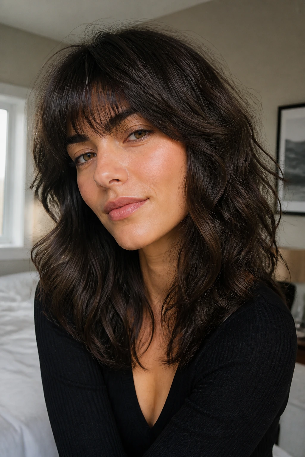 Close-up of a real woman with razor shag and brow-skimming bangs in natural light.