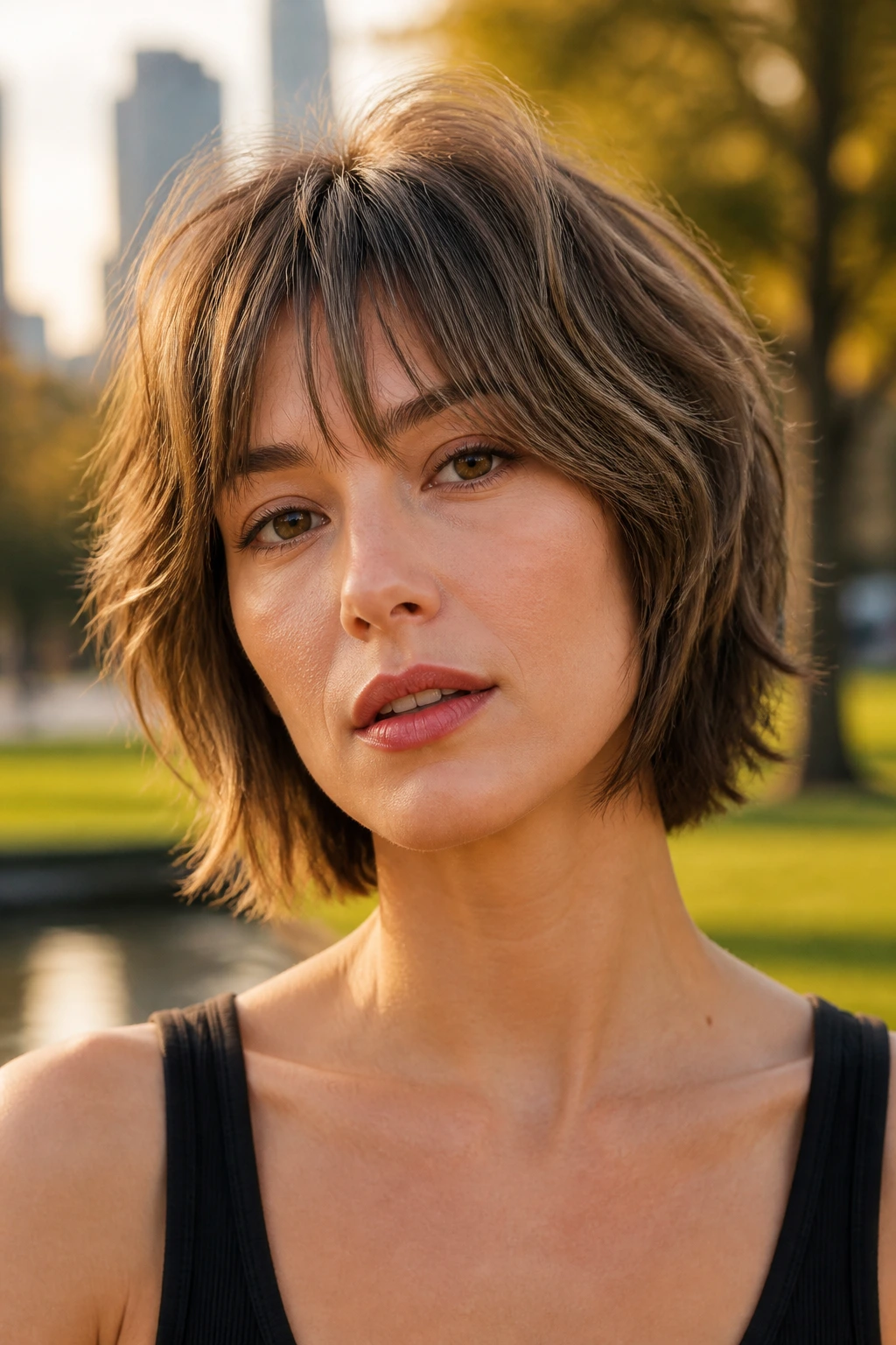 Portrait of a real person with a razor shag bob hairstyle in golden hour light
