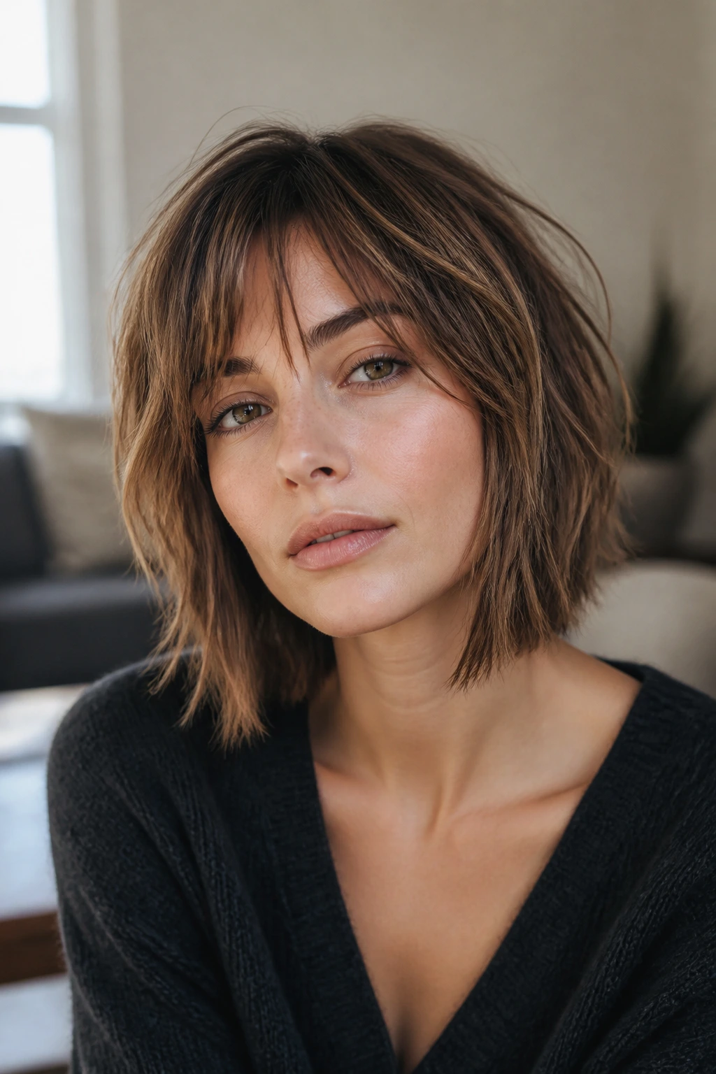 Close-up portrait of a real woman with a soft razor shag bob and lifted crown