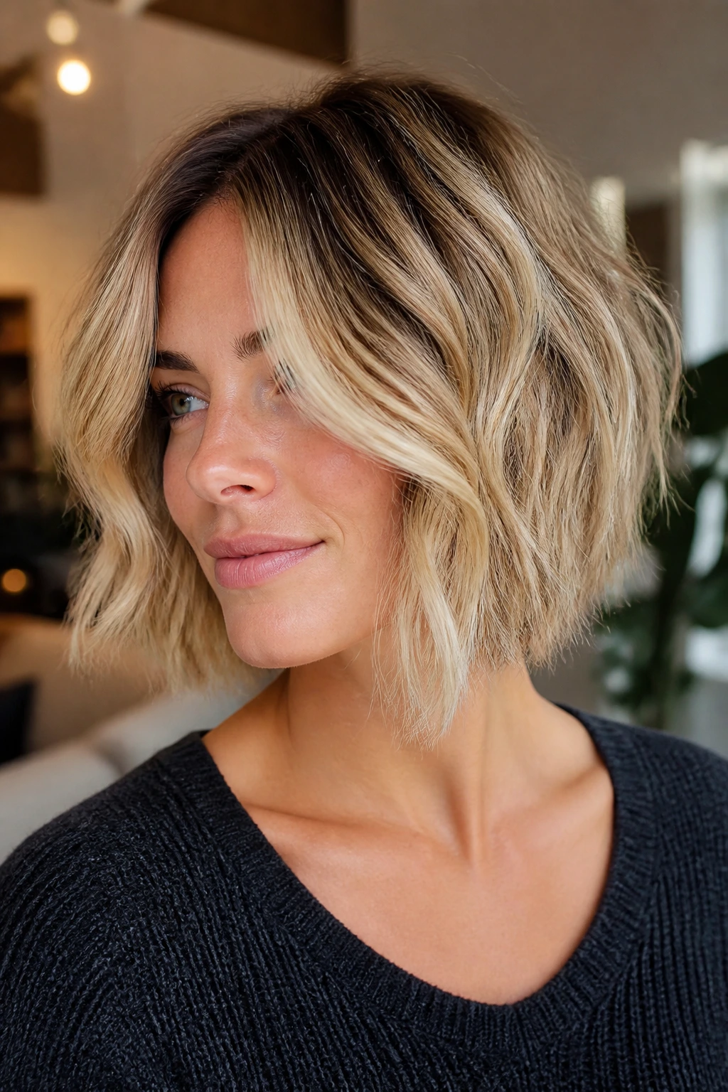 Portrait of a real woman with razor shag bob and lived-in waves.