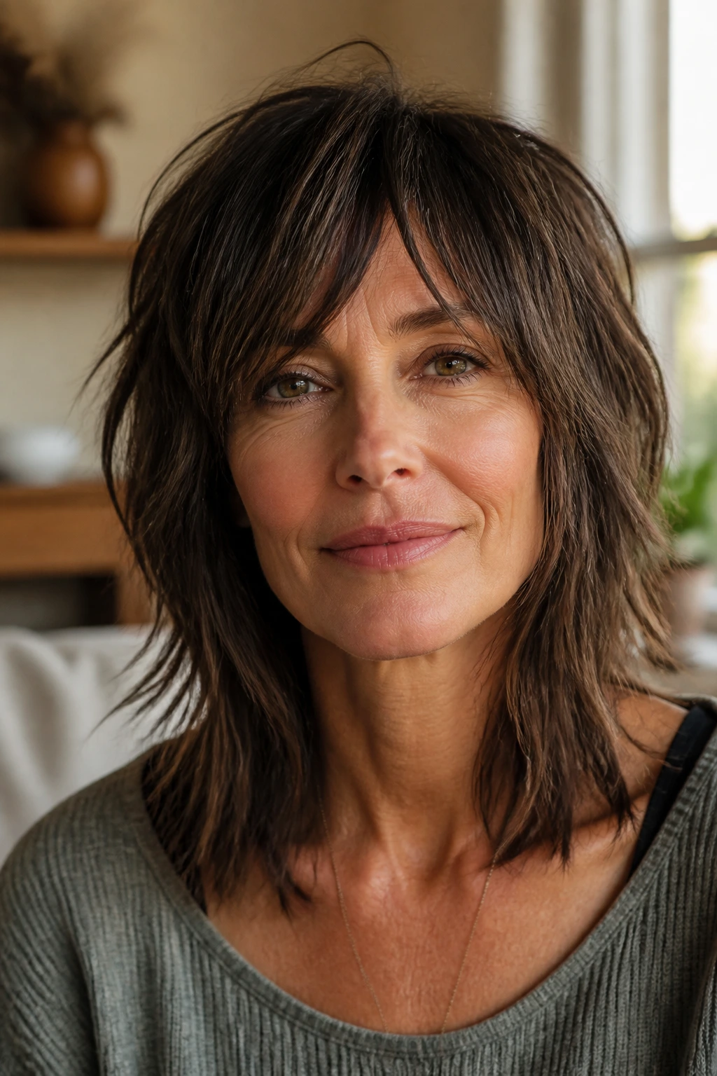 Real woman with shoulder-length razor shag and broken ends in warm light