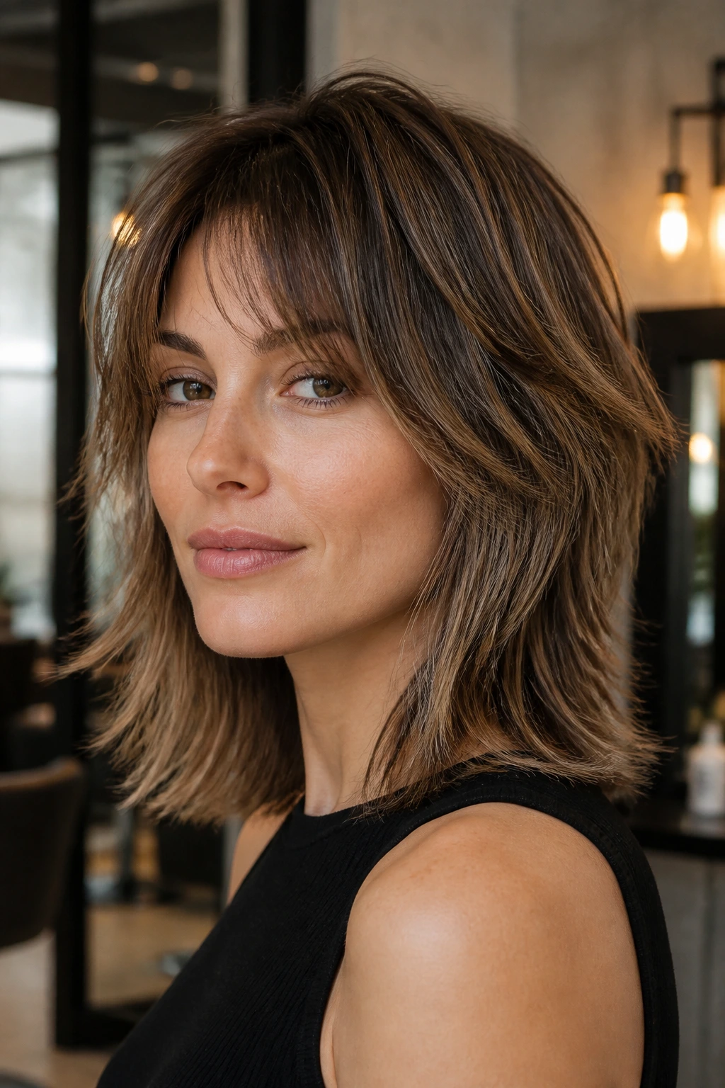 Close-up portrait of a real woman with razor-shag and clean edge around the face.