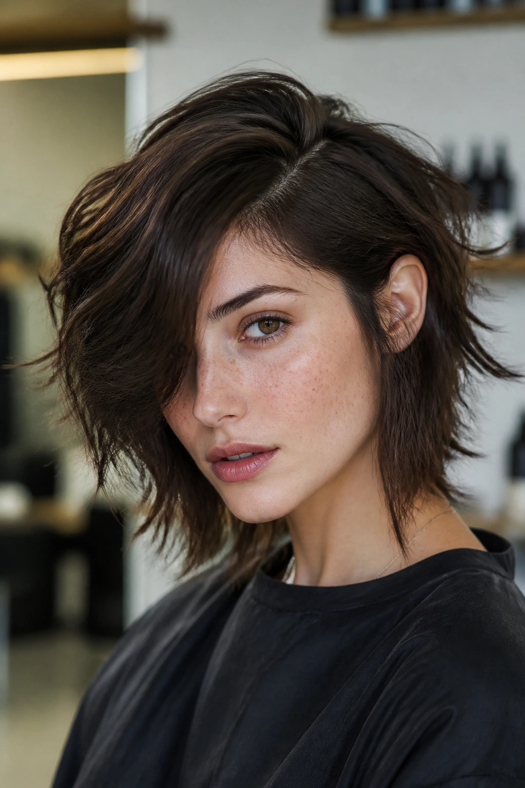 Portrait of a real person with uneven razor shag and deep side part