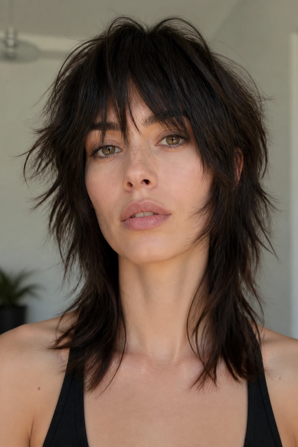 Close-up portrait of a real woman with a disconnected razor shag hairstyle.