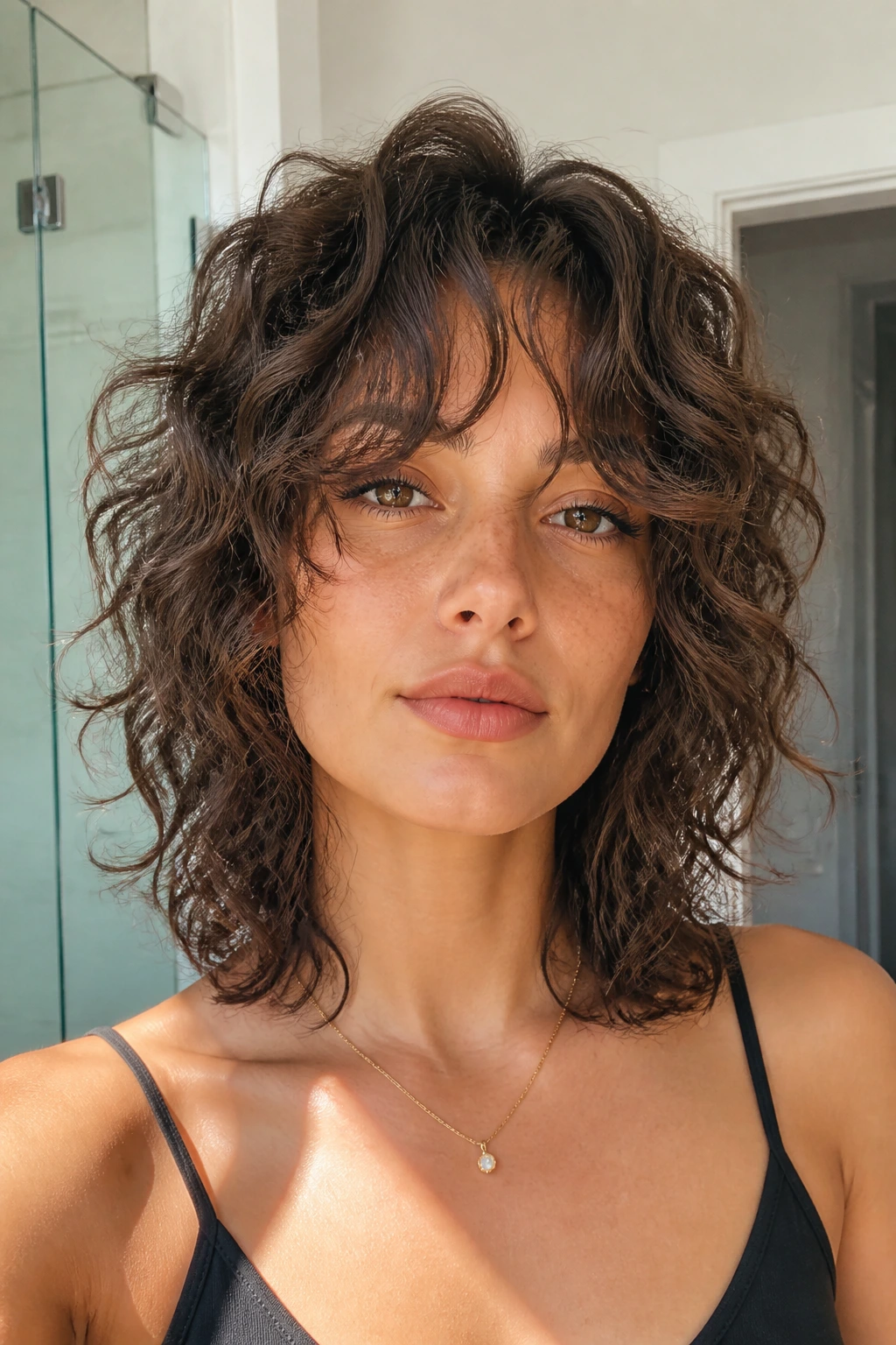Close-up of a real woman with airy razor-shag and wispy ends.