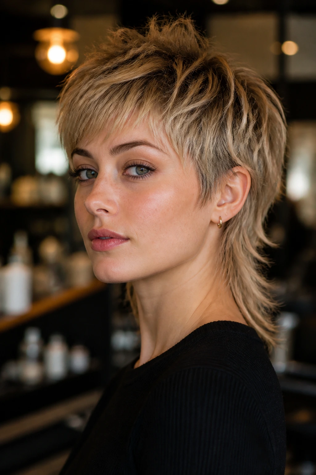 Portrait of a real person with razor-shag pixie and longer back on straight hair