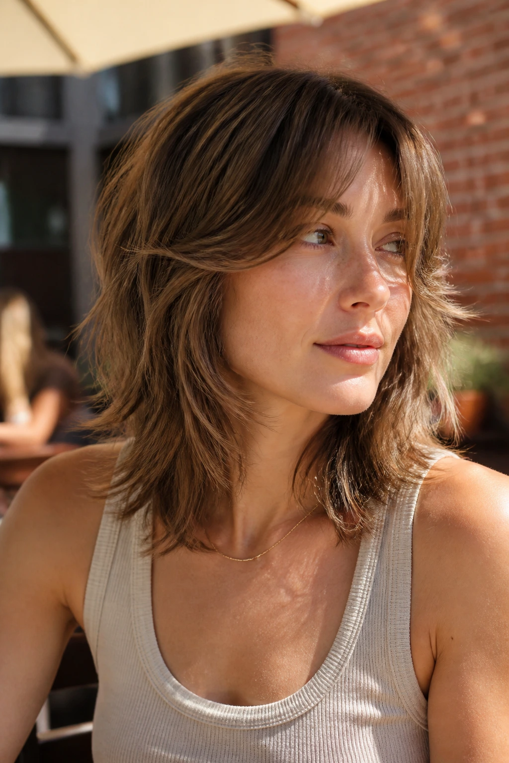 Portrait of a real person with shoulder-length razor shag and beveled curtain bangs