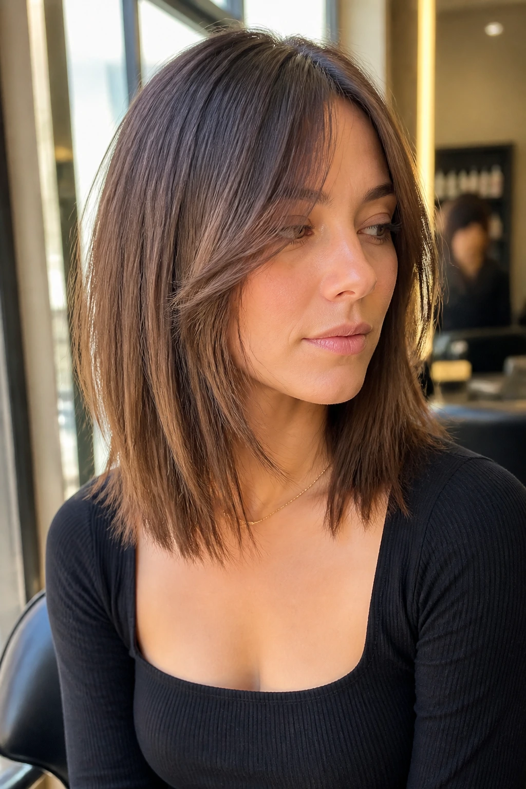 Close-up of a real woman with straight razor shag and soft front bend in warm salon light
