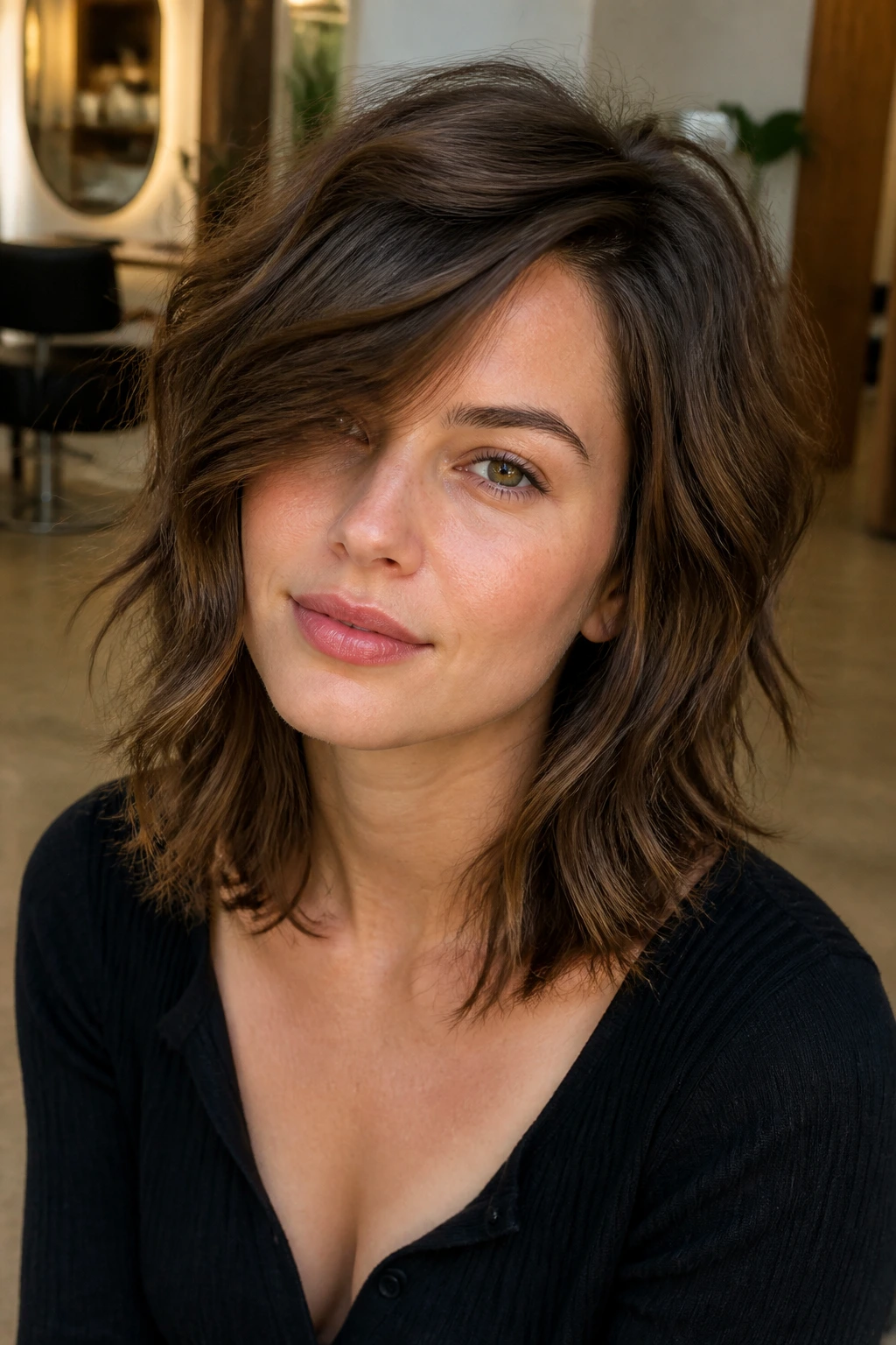 Close-up portrait of a real woman with a side-part razor shag in a warm salon setting